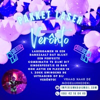 a flyer for a laser party with balloons